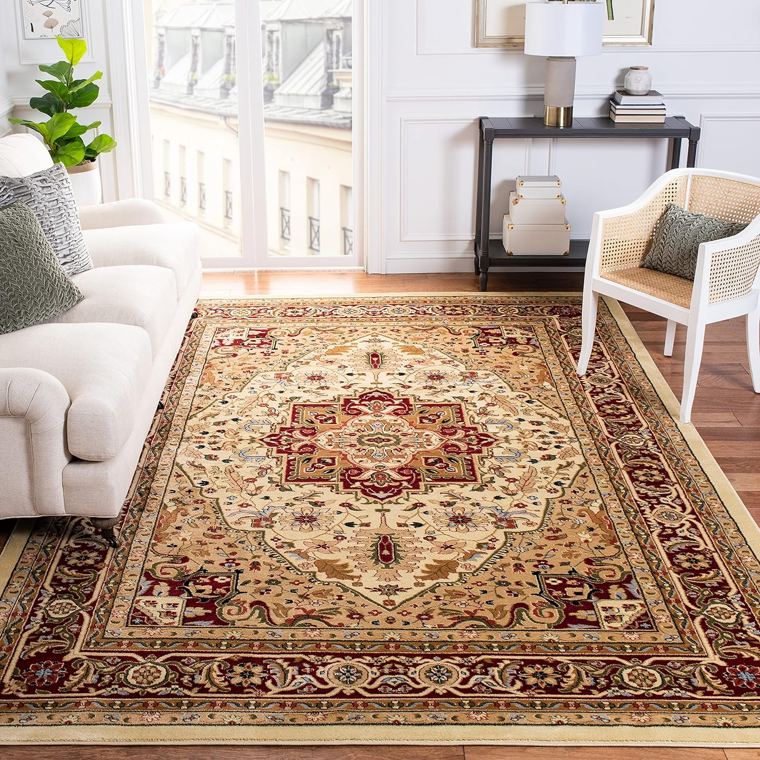 SAFAVIEH Lyndhurst Miranda Traditional Bordered Area Rug, Ivory/Red, 9' x 12'