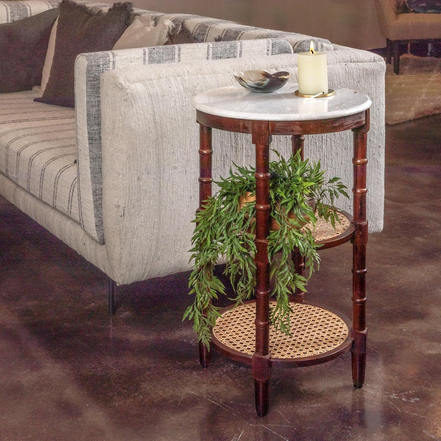 Creative Co-Op Round Solid Wood End Table with Genuine Marble Top and 2 Woven Cane Storage Shelves, Brown Stain and Natural