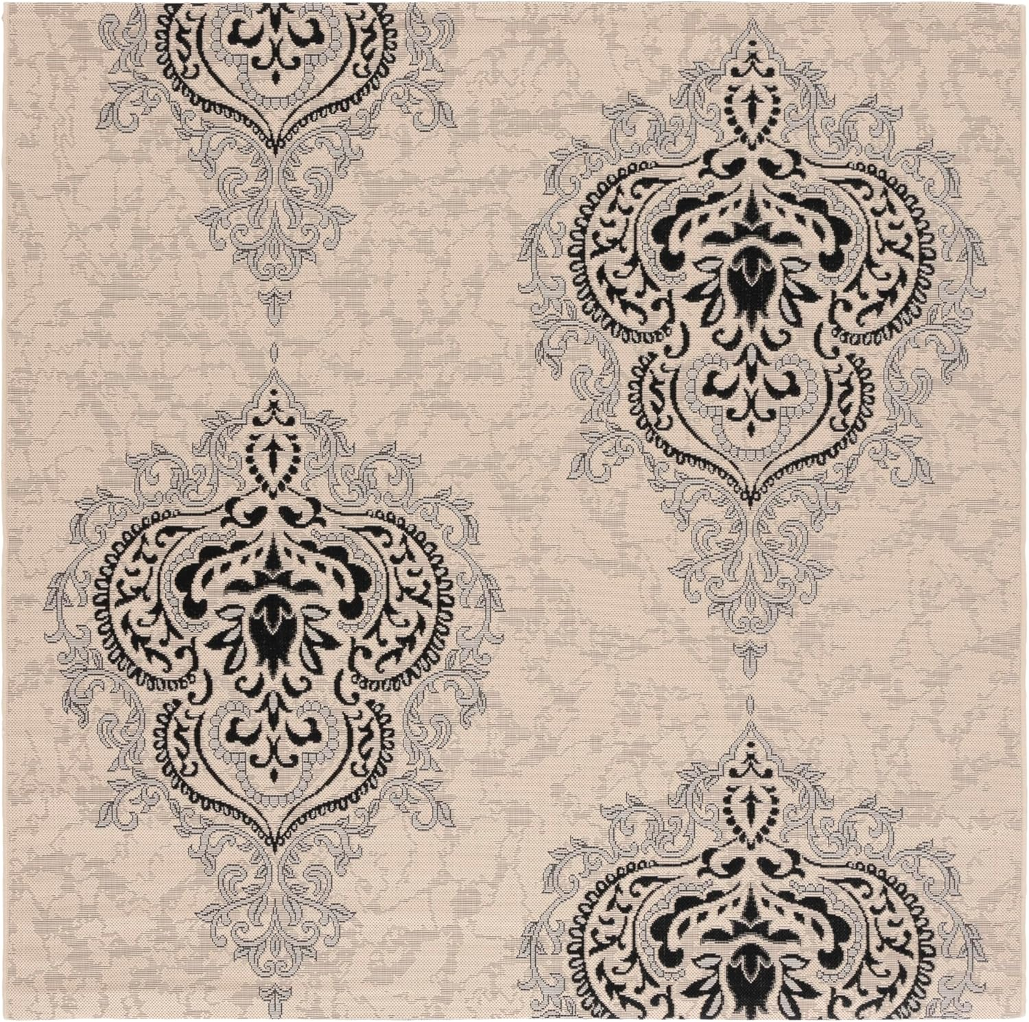 SAFAVIEH Courtyard Penelope Damask Indoor/Outdoor Area Rug, Cream/Black, 6'7" Square