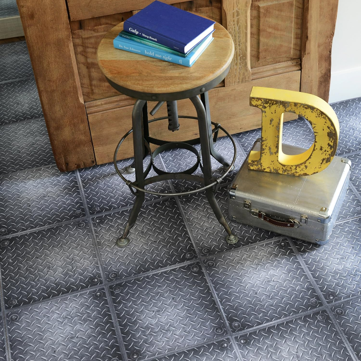 Con-Tact Brand - FLRA-12N027-06 FloorAdorn Vinyl Floor Appliques Self-Adhesive, Decorative and Removable Tiles, 12"X12", Heavy Metal, 6
