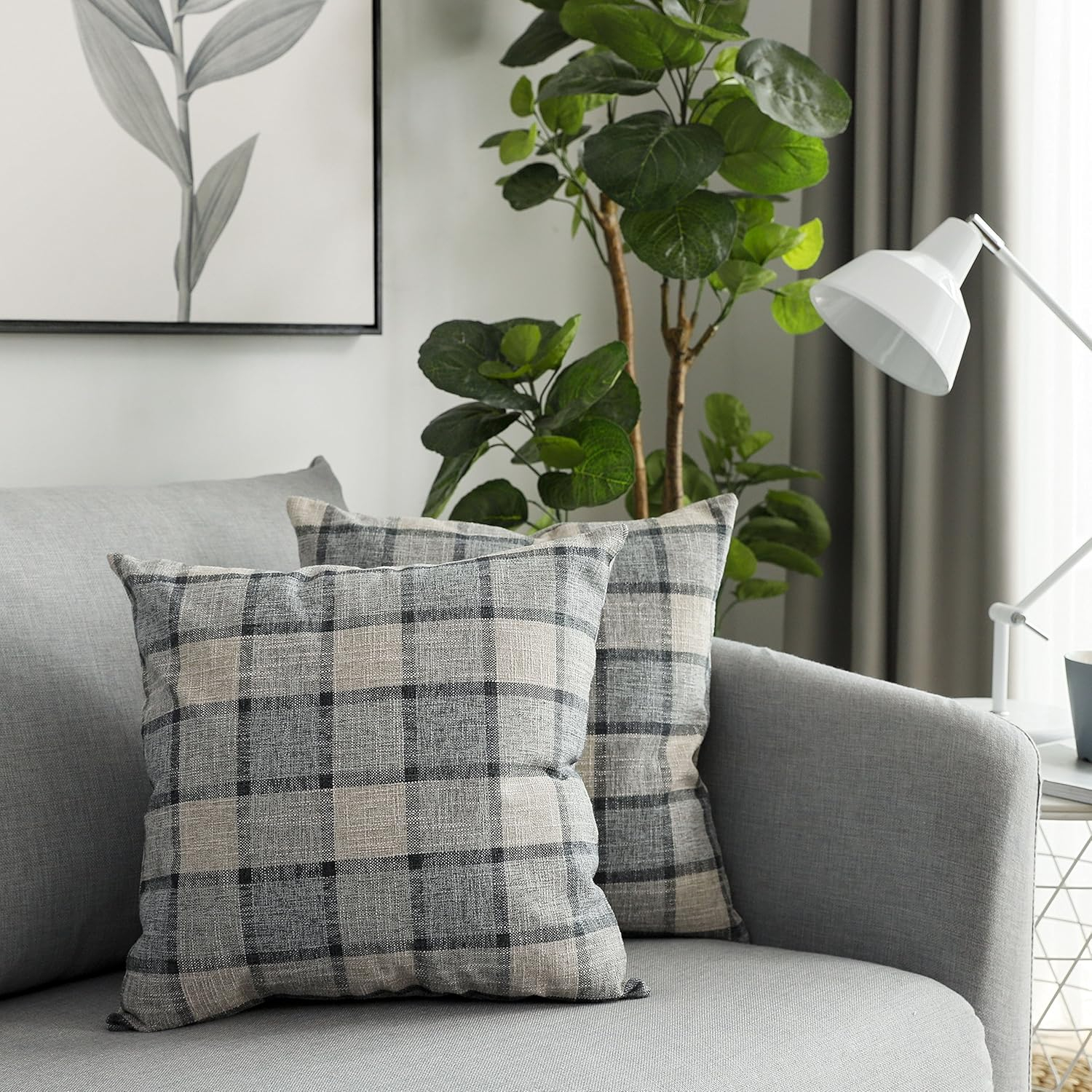 UGASA Pack of 2 Classic Retro Checkered Plaids Cotton Linen Soft Decorative Square Throw Pillow Covers Home Decor Design Cushion Case for Sofa, 18x18inch, Light Grey + Blue