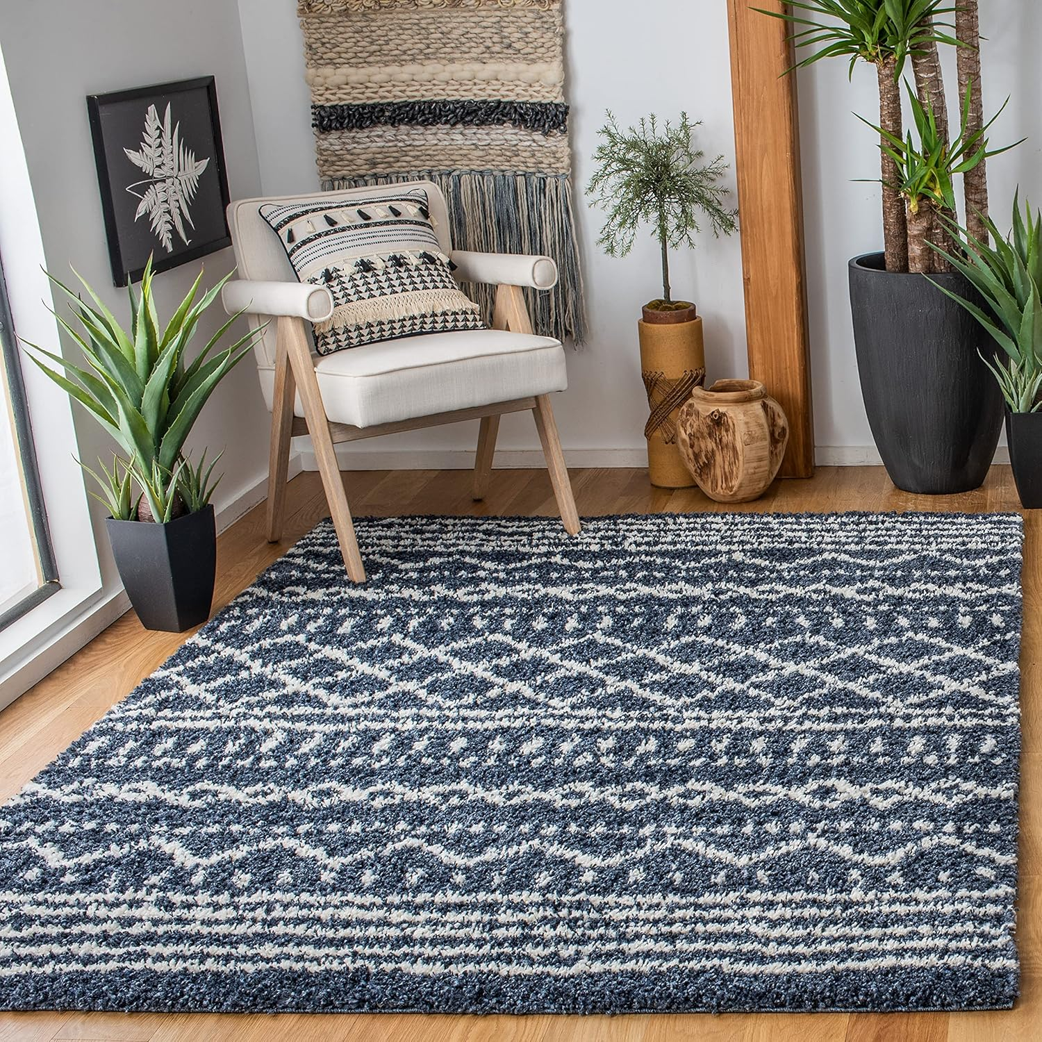SAFAVIEH Arizona Teagan Geometric Shag Area Rug, Slate Blue/Ivory, 5'1" x 7'6"