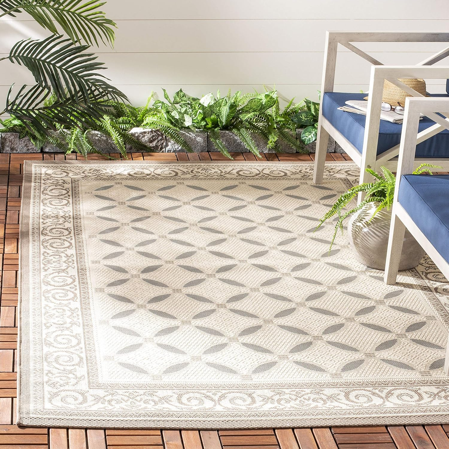 SAFAVIEH Courtyard Cohen Bordered Indoor/Outdoor Area Rug, Beige/Dark Beige, 4' x 5'7"