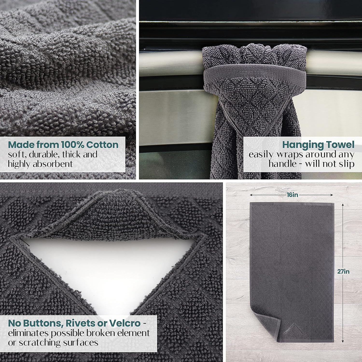 Michael Grace Gifts Grey Hand Towels with Hanging Loops - Set of 2 Gray Hand Towel with Loop for Kitchen, Bathroom, Dishes, Oven Handle Without Buttons, Snaps or Rivets