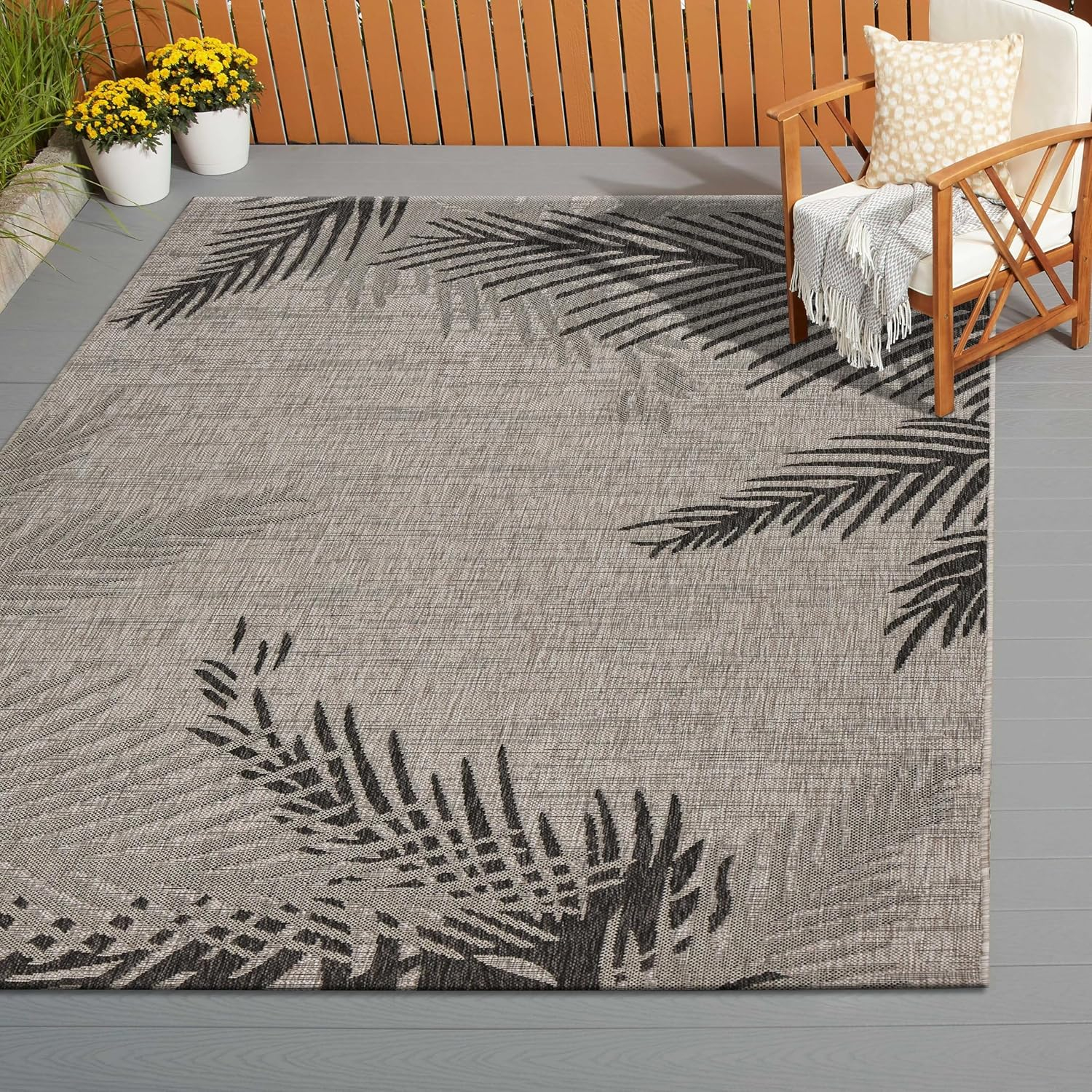 Ox Bay Carmindy 7'9" x 9'5" Black Tropical Palms Indoor/Outdoor Area Rug