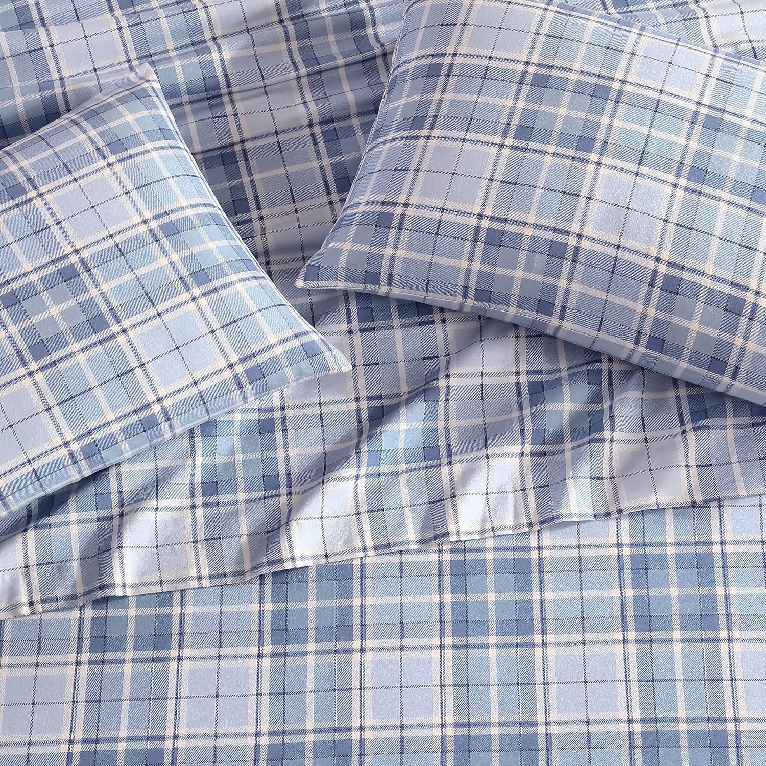 Vanessa Light Blue Cotton Flannel Full Plaid Sheet Set