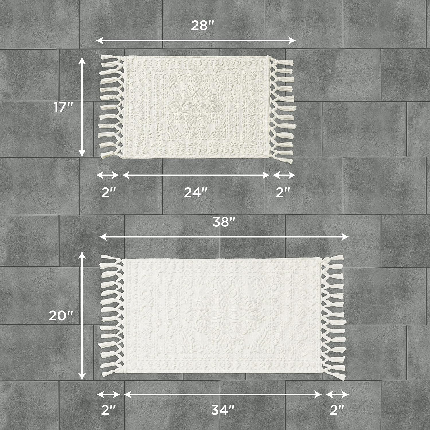 French Connection Nellore Bathroom Rugs, Set of 2 Woven and Beaded Bathroom Mats, Durable Bath Rugs, Thick Bath Mats for Bathroom and Shower Rugs, 17" x 28" and 20" x 38", Ivory