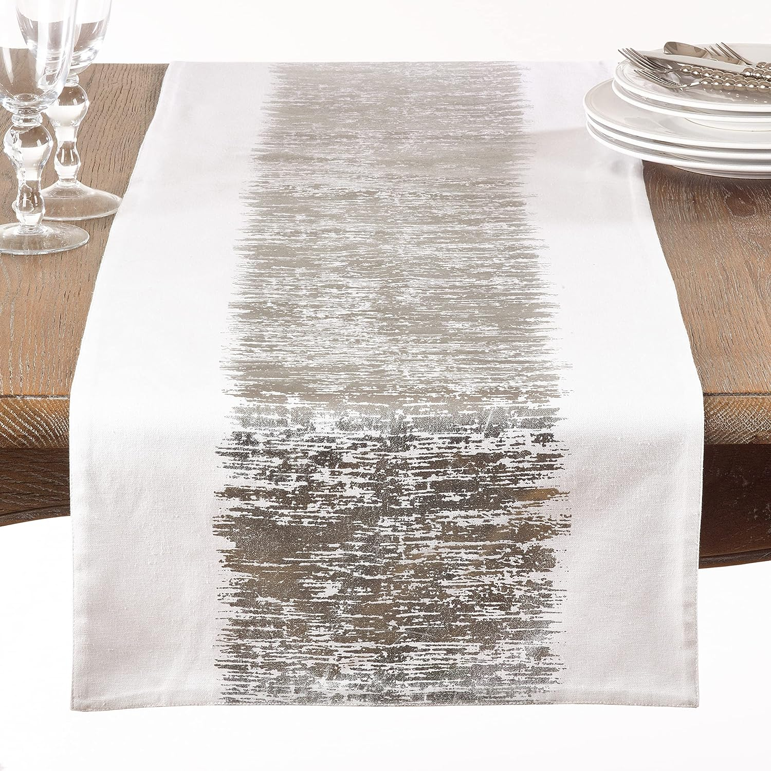 120 in. Metallic Banded Design Cotton Table Runner, Silver