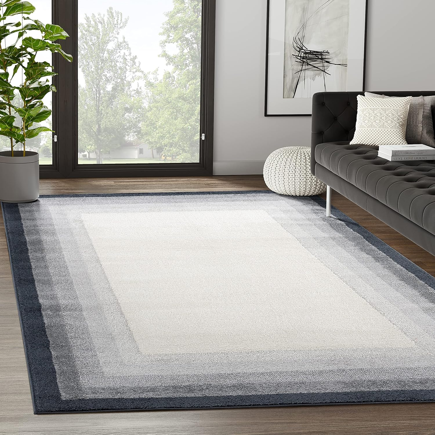Abani Rugs Nuevo NUE180A Ivory Area Rug with Tonal Grey Border 7'9" x 10'2" - Cream