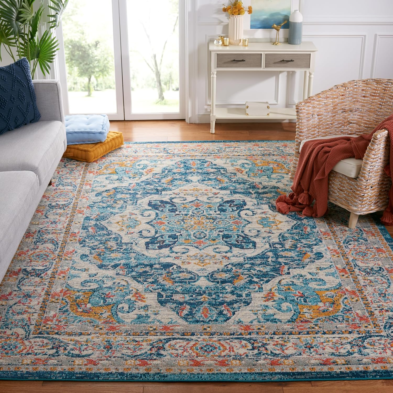 SAFAVIEH Phoenix Collection Area Rug - 9' x 12', Ivory & Blue, Boho Chic Oriental Medallion Design, Non-Shedding & Easy Care, Ideal for High Traffic Areas in Living Room, Bedroom (PHX154M)