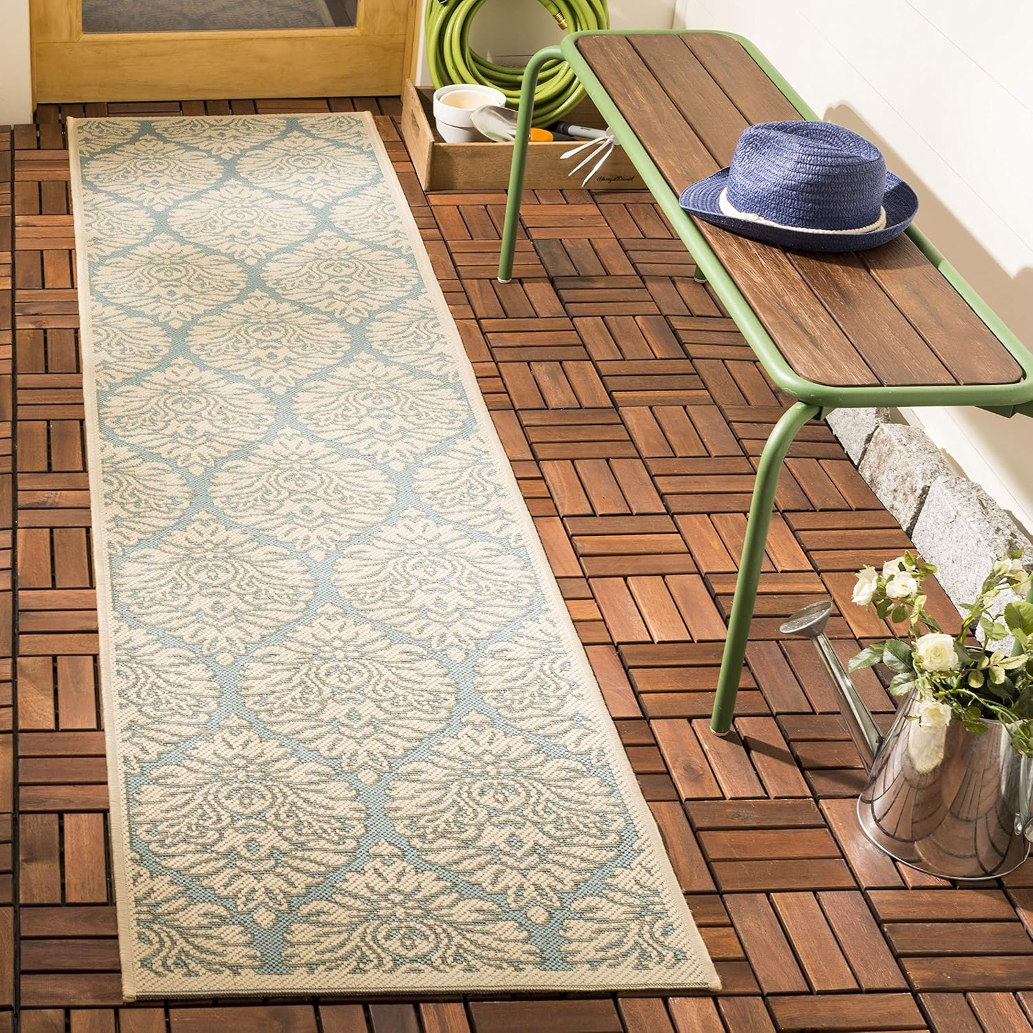 SAFAVIEH Beach House Lennox Damask Indoor/Outdoor Runner Rug Aqua/Cream, 2' x 8'