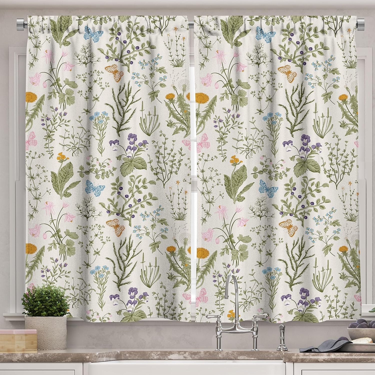 Ambesonne Floral Kitchen Curtains, Vintage Garden Plants, 55"x39", Reseda Green Beige
