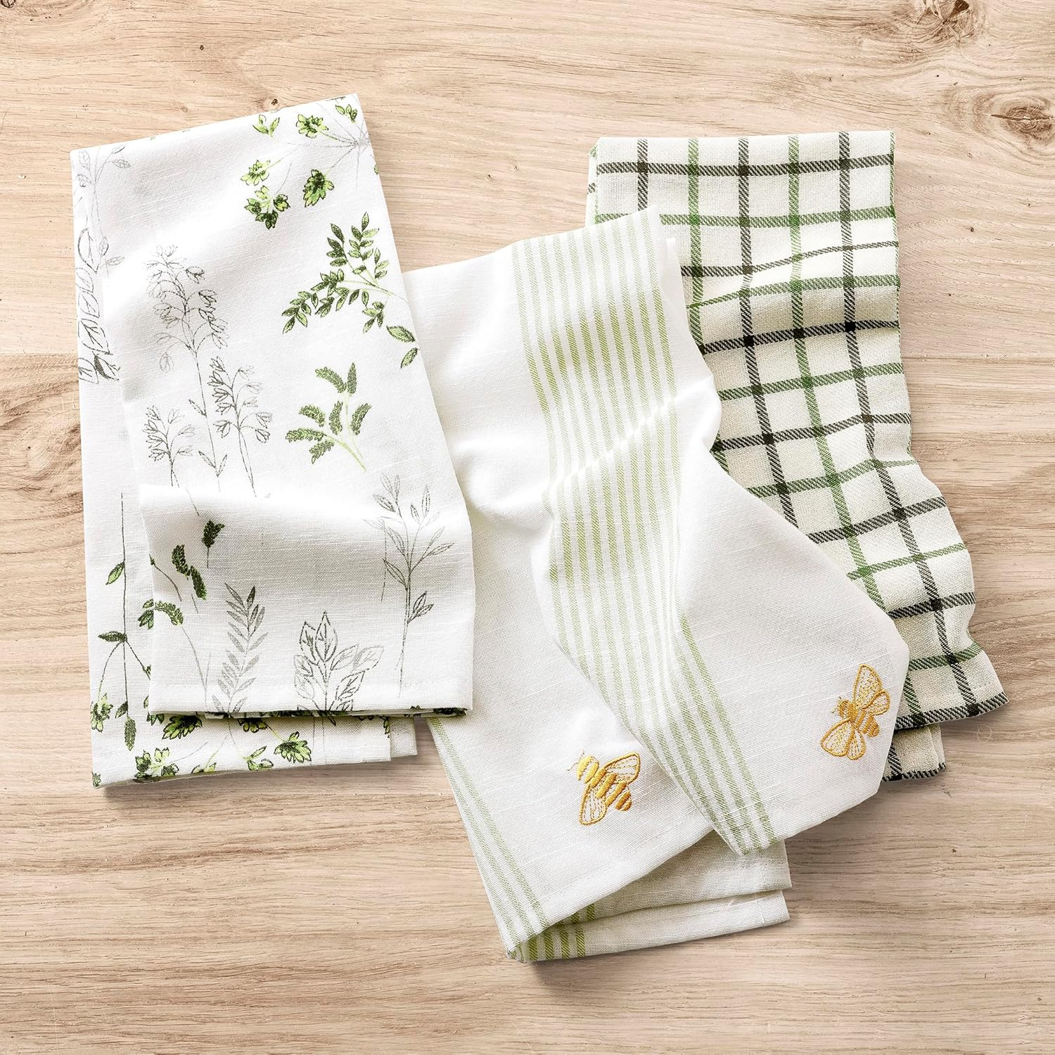 Sage Green Cotton Botanical and Bees Hand Towel Set