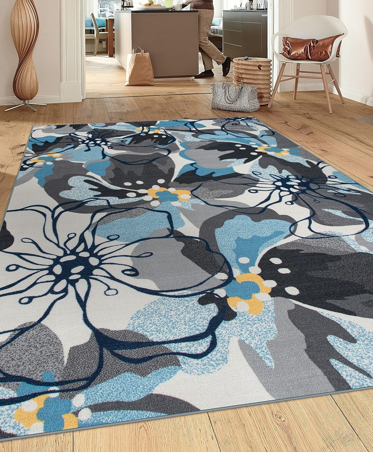 World Rug Gallery  Modern Floral Non-Slip Area Rug Ivory, Blue, Grey 6'6"x9' Pet Friendly, Stain Resistant, Non Slip 6' x 9', 7' x 9' Indoor Living