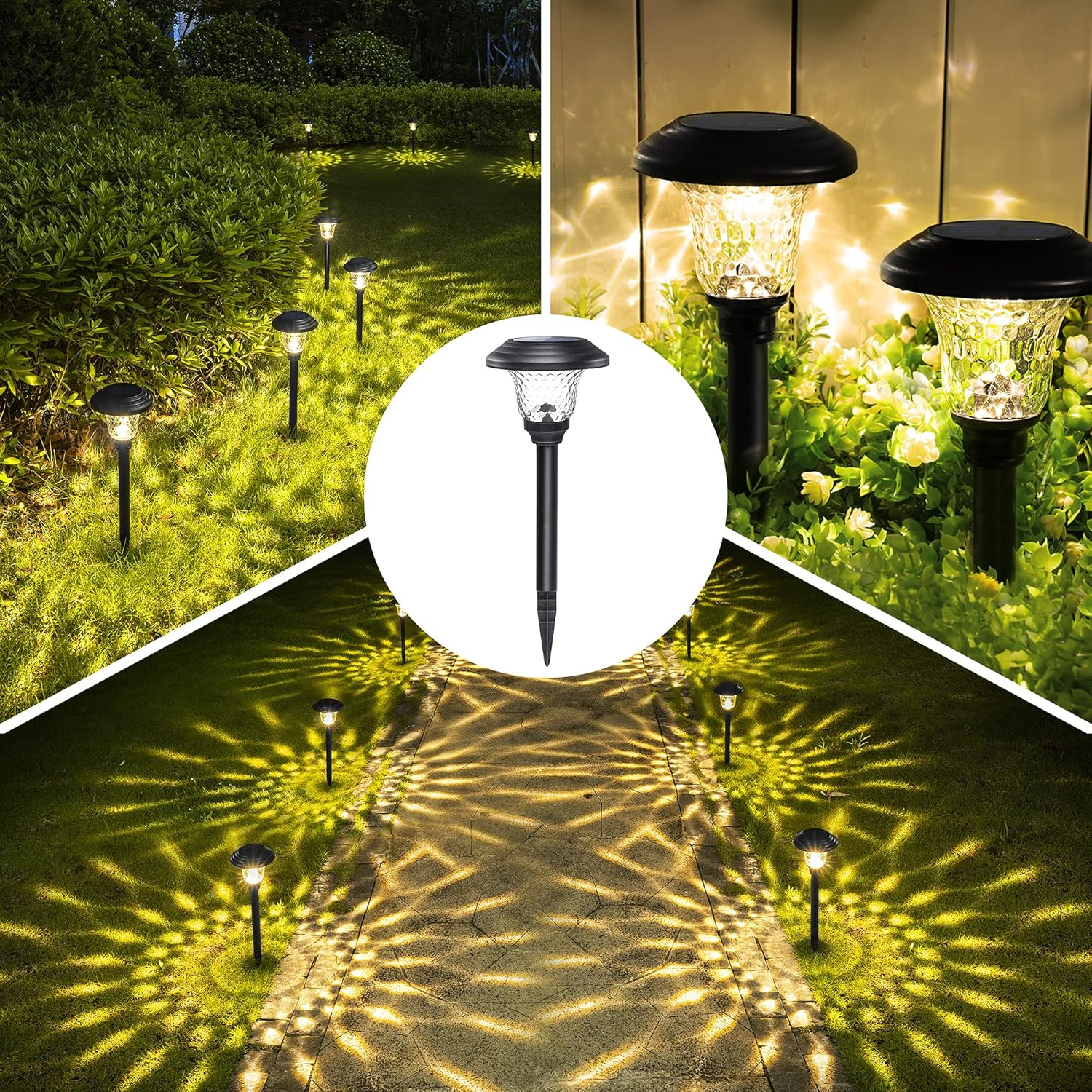 GIGALUMI Solar Garden Lights 8 Pack, Super Bright Solar Pathway Lights, Glass Stainless Steel Solar Lights Outdoor Waterproof, Auto On/Off Solar Powered Landscape Lights for Yard, Walkway (Black).