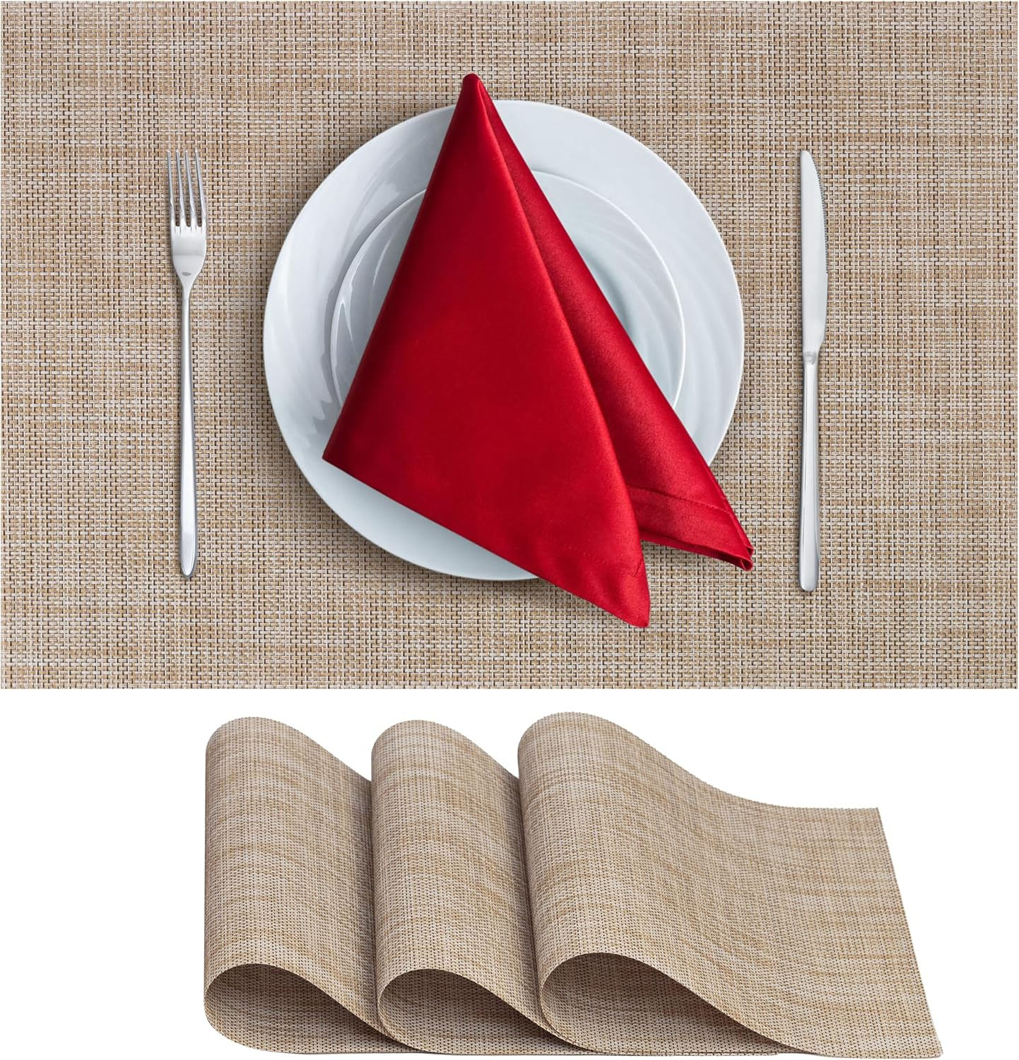 CraftyCrocodile Placemats Set of 4 - Classic Vinyl Dining Table Place Mats 12 x 18 Inch Caramel