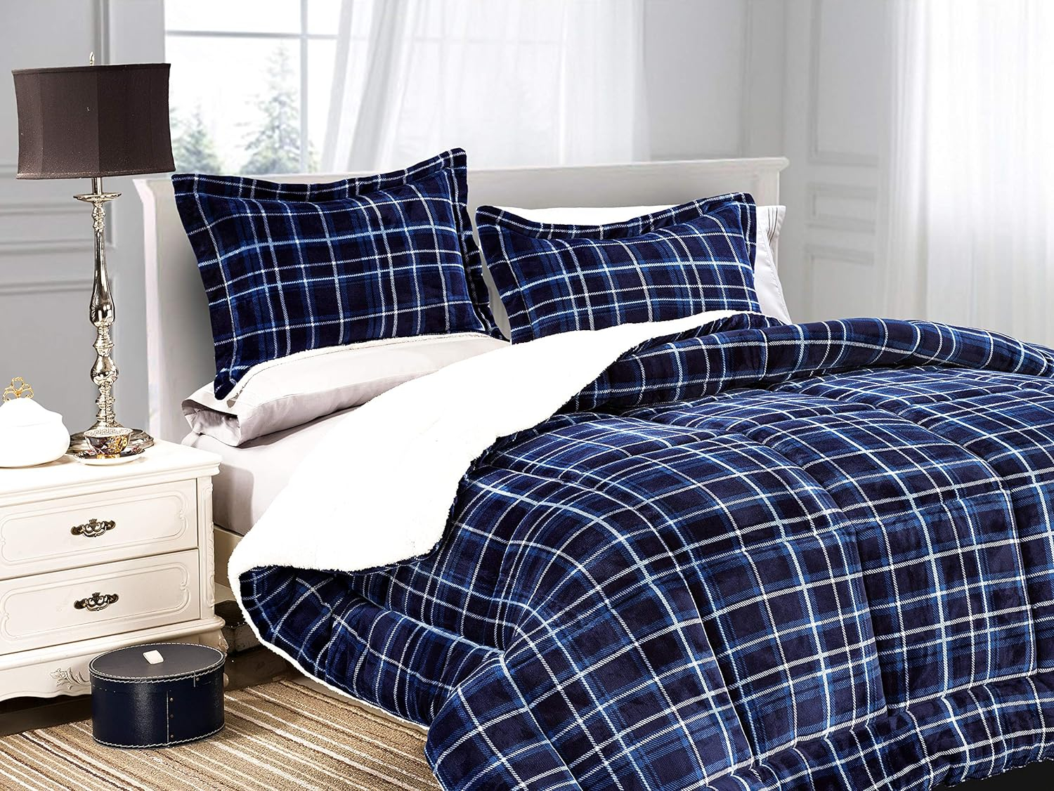 Mocassi Heavy Weight Plaid Pattern 3PC Comforter Set - Micromink Sherpa-Backing, Down Alternative Micro-Suede, 3-Piece Comforter Set, Full/Queen, Navy