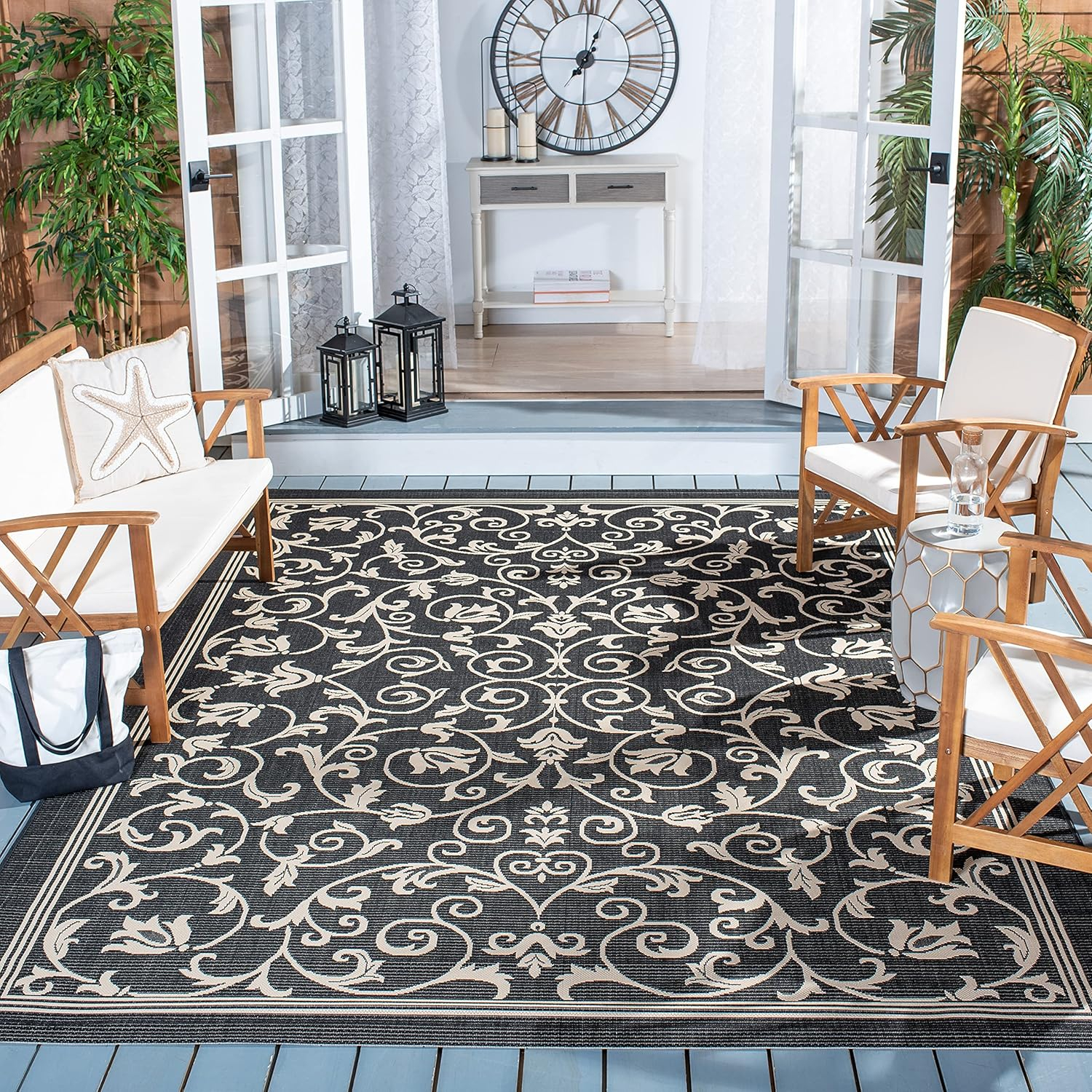 SAFAVIEH Courtyard Nanda Floral Indoor/Outdoor Area Rug, 7'10" x 7'10" Square, Black/Sand