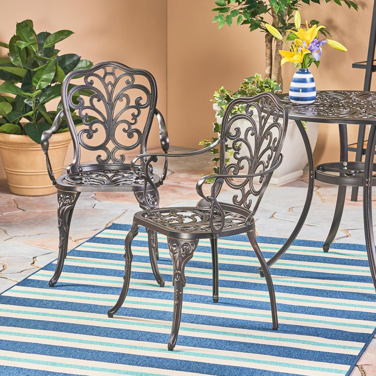 Deka Outdoor Cast Aluminum Dining Chairs, Set of 2, Shiny Copper