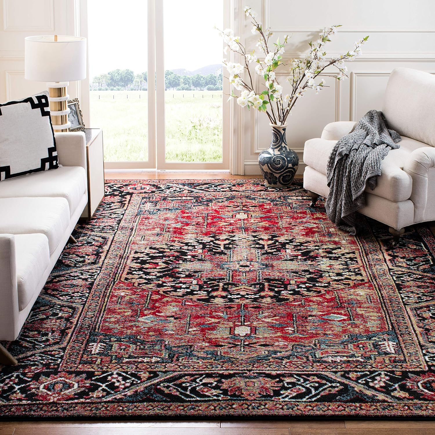 Red and Multicolor Synthetic Oriental 10'6" x 14' Area Rug