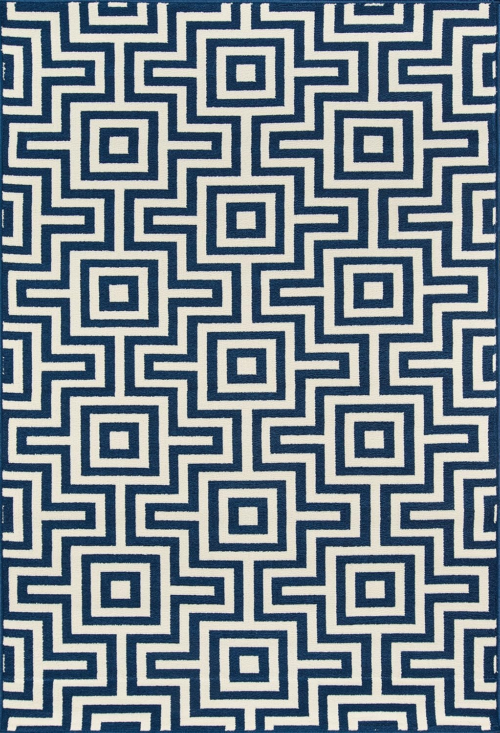 Momeni  Baja Retro Indoor Outdoor Rug Navy 1'8" x 3'7" Graphic, Geometric 2' x 3' Outdoor, Indoor Entryway, Kitchen, Patio Ivory Rectangle
