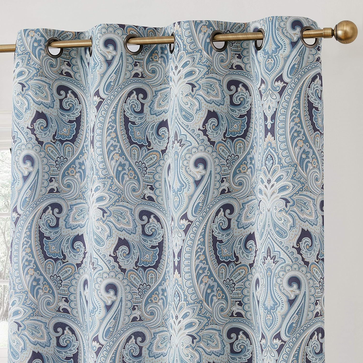 THD France Paisley Print Damask Energy Efficient Room Darkening Grommet Window Curtain Panels - Pair