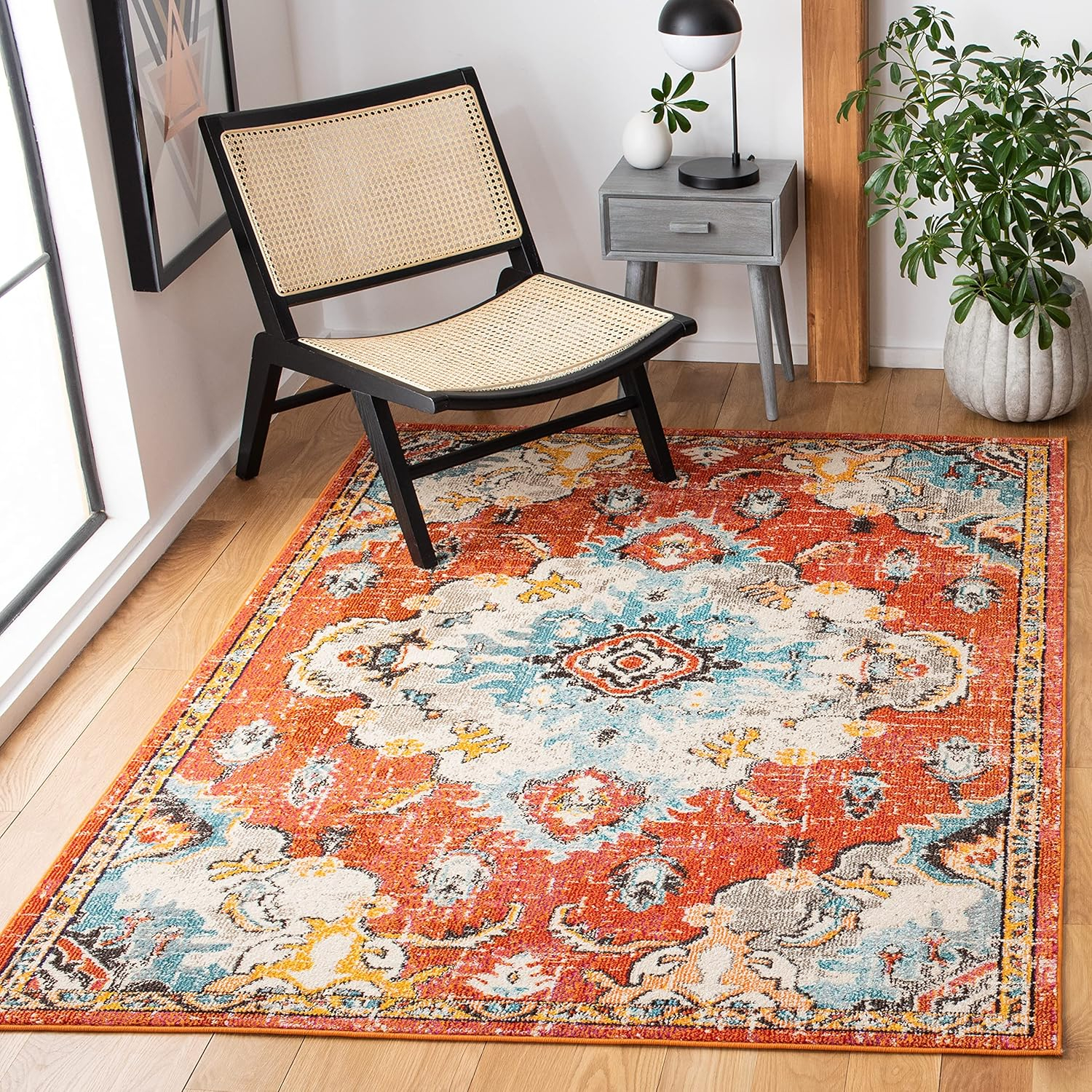 SAFAVIEH Madison Elinor Traditional Distressed Area Rug, Orange/Light Blue, 9' x 12'