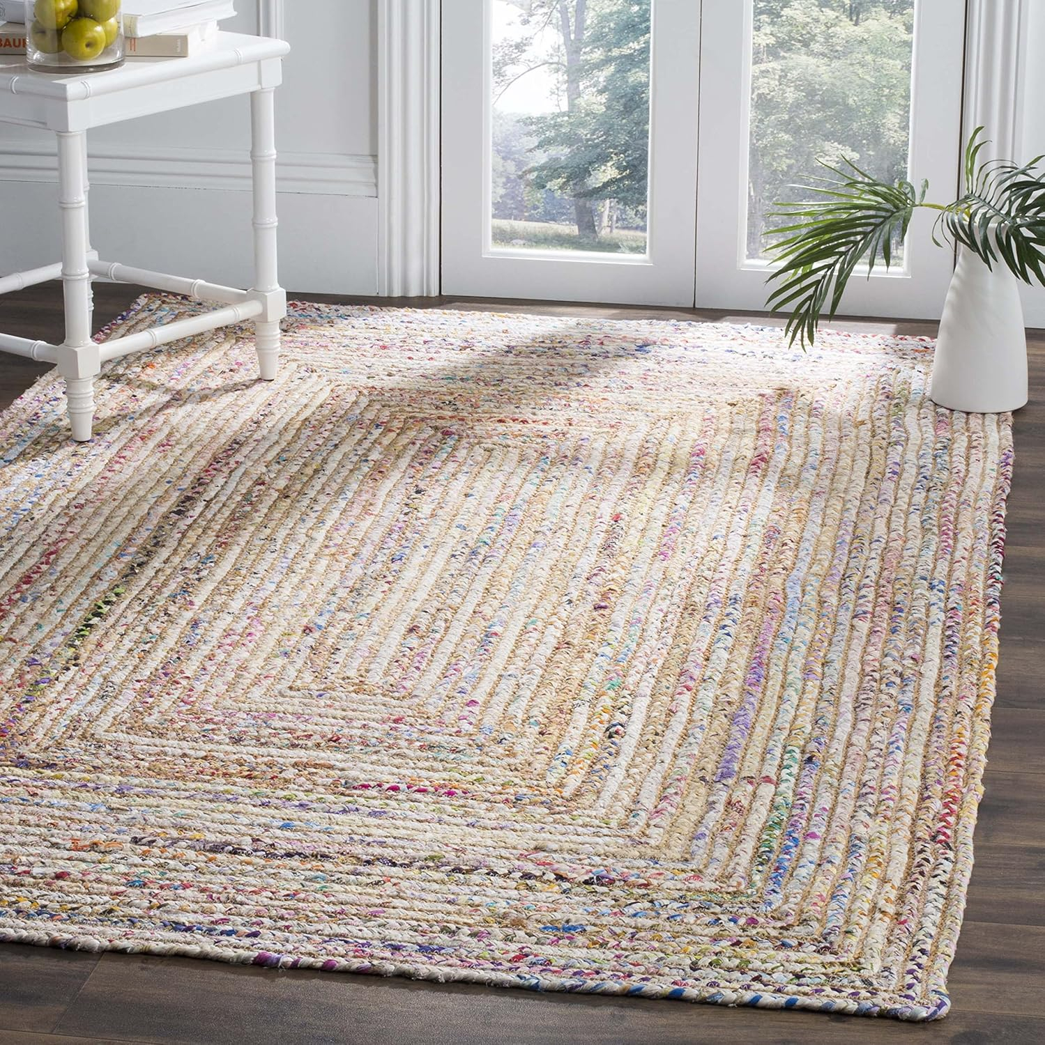 Handmade Green and Natural Braided Jute Cotton Square Rug