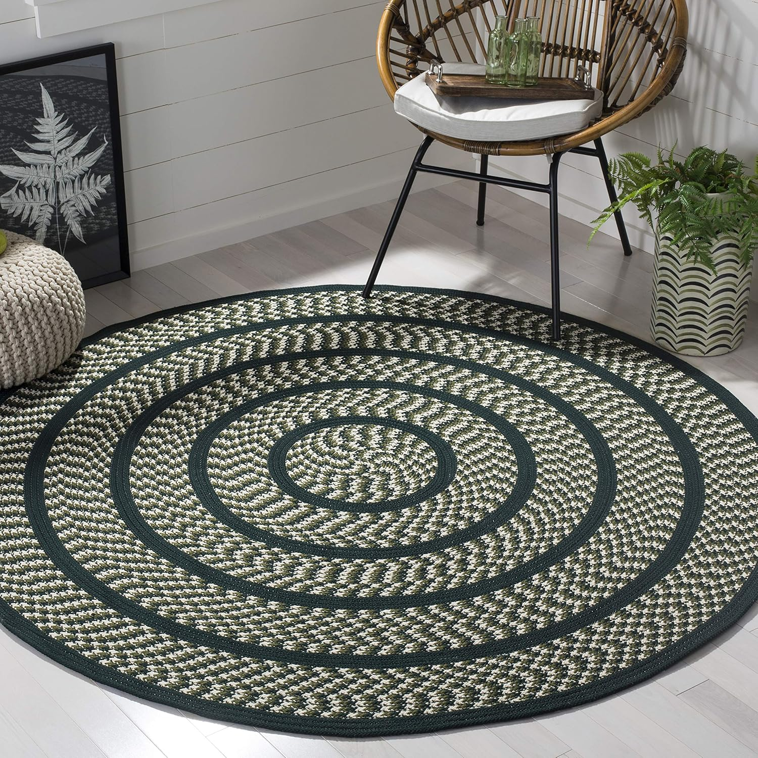 Ivory and Dark Green Braided 59'' Round Synthetic Area Rug