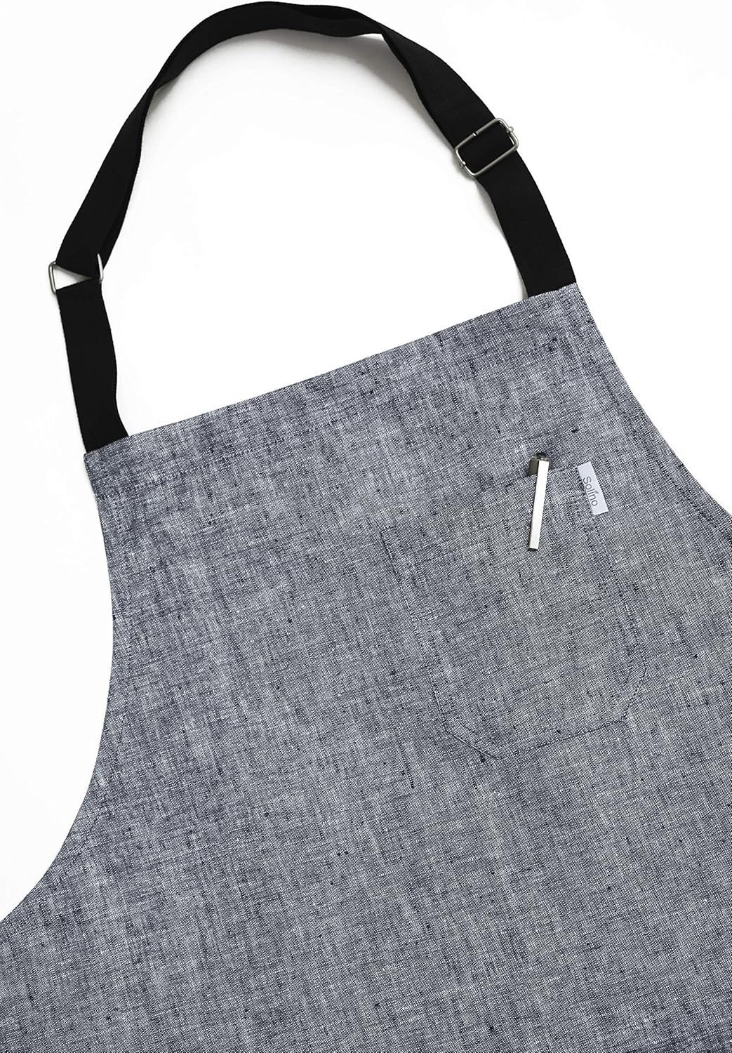 Solino Home Linen Kitchen Apron Black - 100% Pure Linen Bib Apron with Front Pockets for Men & Women - Handcrafted from European Flax