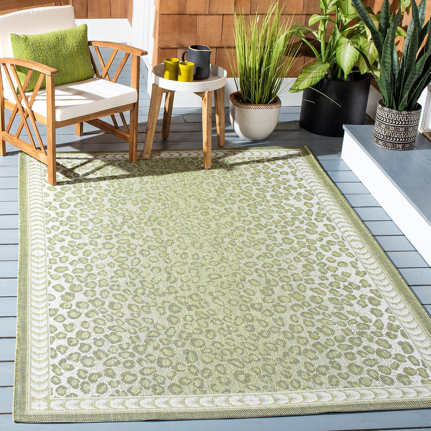 SAFAVIEH Courtyard Candace Spotted Indoor/Outdoor Area Rug, Light Green/Ivory, 8' x 10'