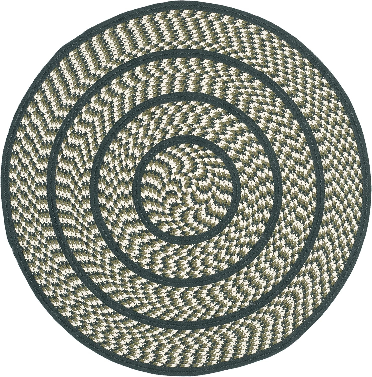 Ivory and Dark Green Braided 59'' Round Synthetic Area Rug