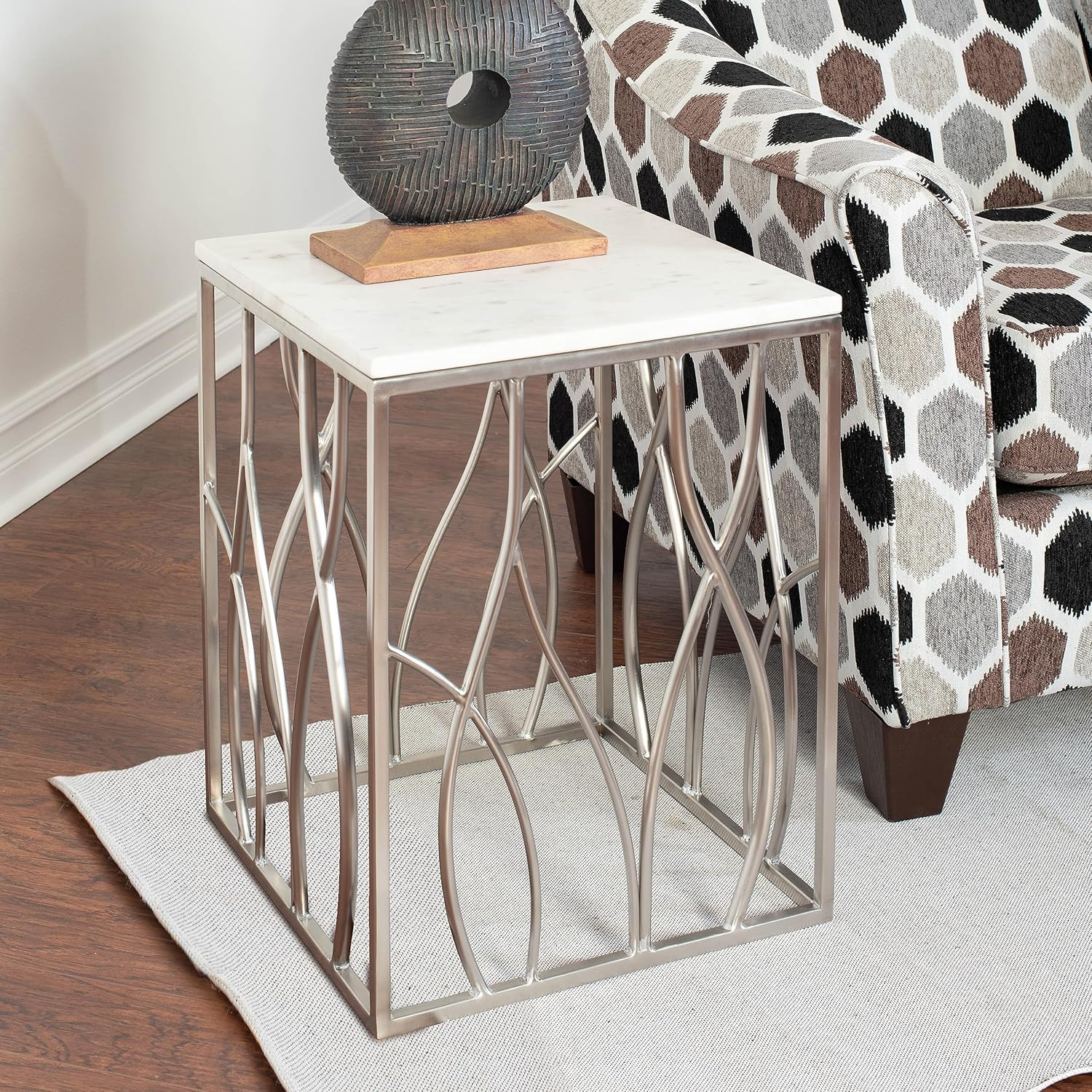 Roundhill Furniture Kameral Square Marble End Table with Stainless Steel Base