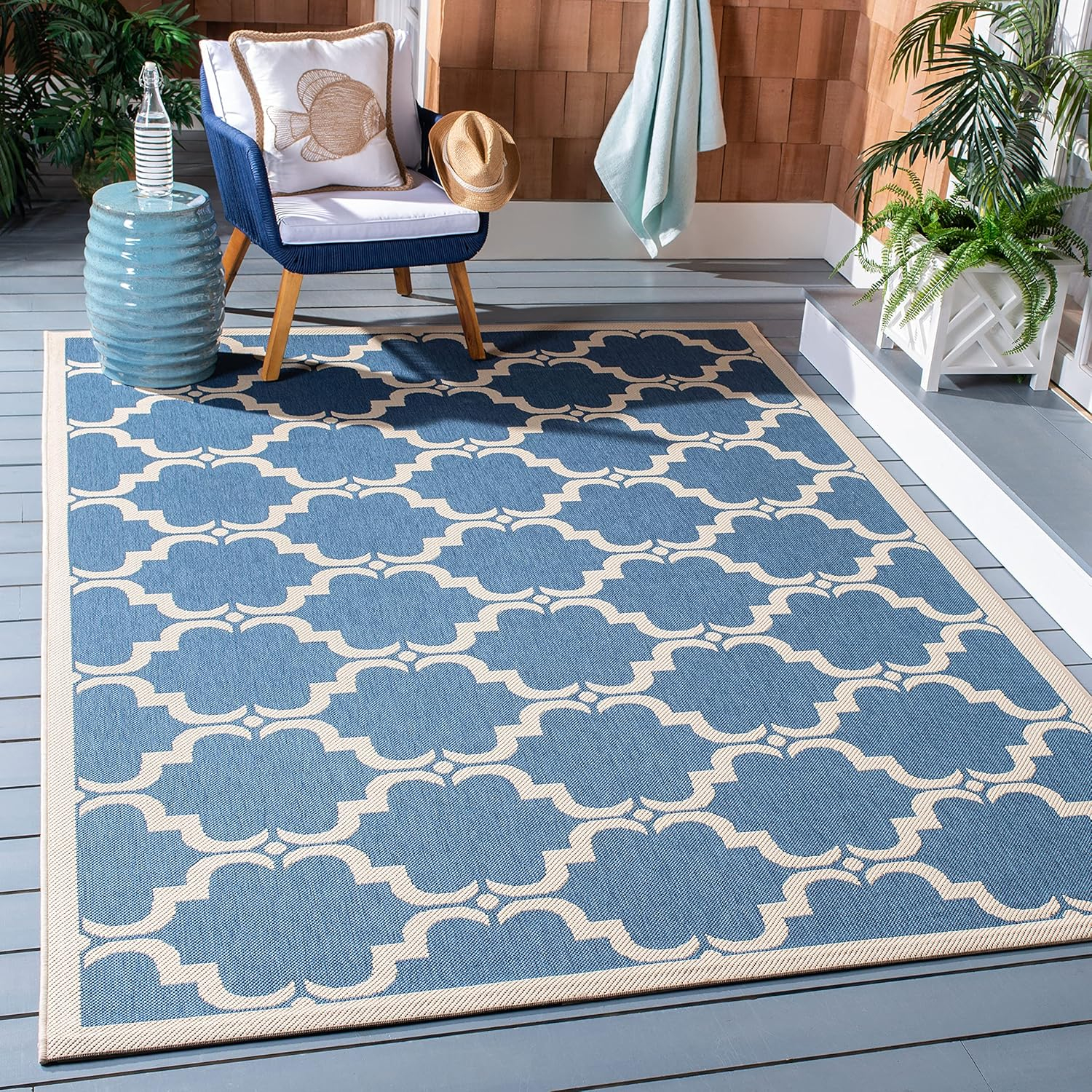 SAFAVIEH Courtyard Estelle Geometric Indoor/Outdoor Area Rug, Blue/Beige, 8' x 11'
