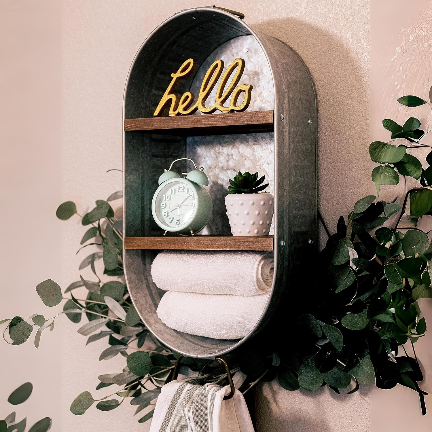 Gracie Oaks Wash Tub With Shelves | Rustic Bathroom Décor | Farmhouse Rustic Bathroom Shelves | Bathroom Tub Of Towels | Metal Wash Tub Cubby | Galvanized Shelf Wall
