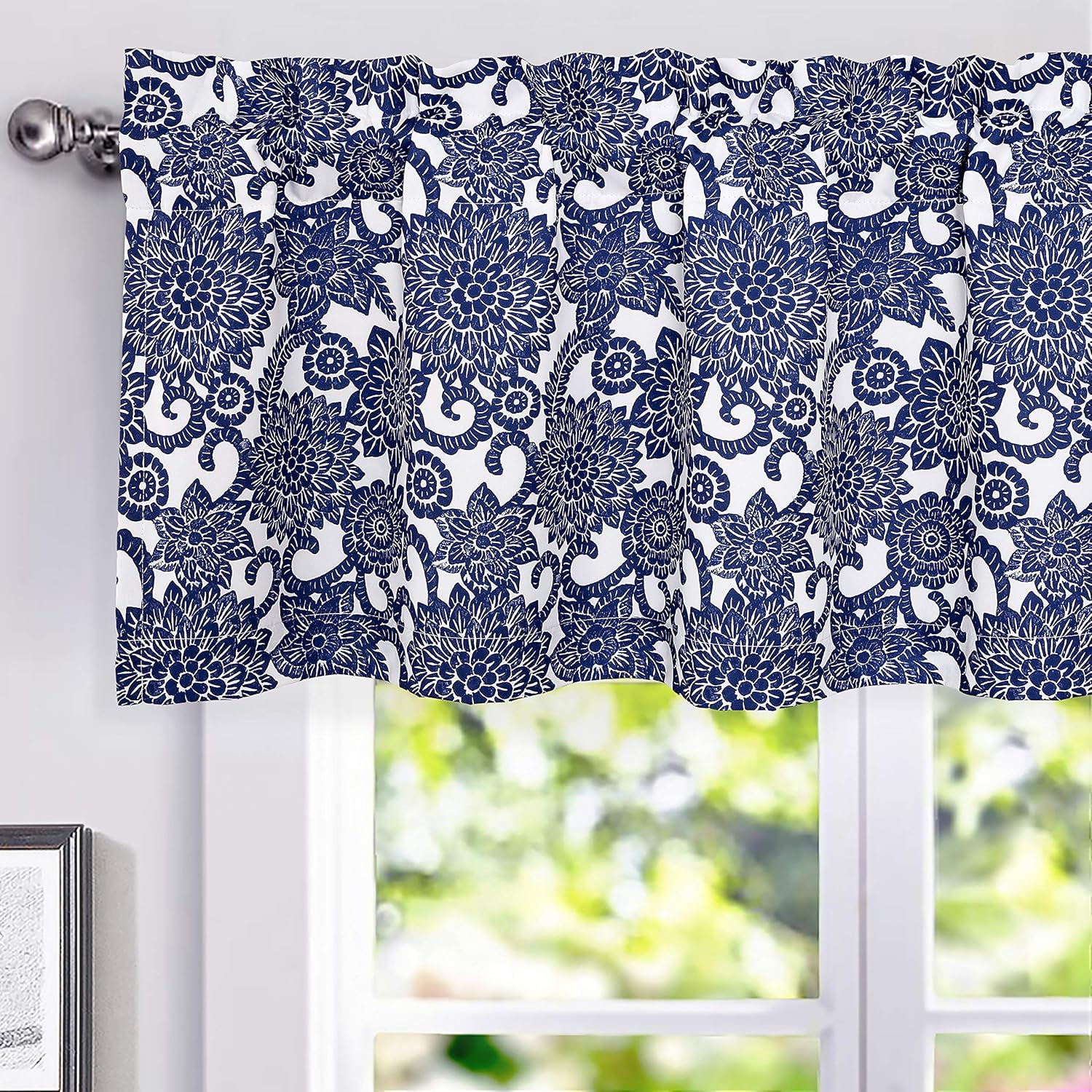 DriftAway Daisy Dahlia Blooming Flower/Floral Lined Thermal Insulated Energy Saving Window Curtain Valance for Living Room/Bedroom/Kitchen, 2 Layers, Rod Pocket, 52"x18"+2’’Header (Navy)