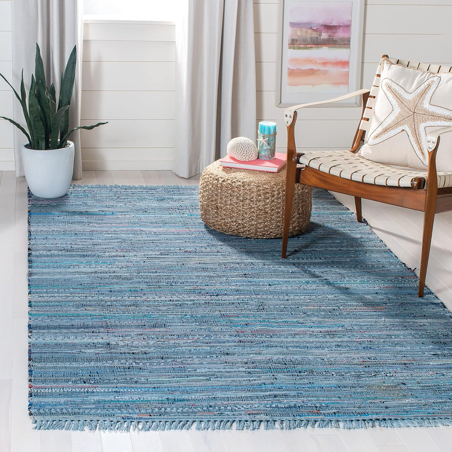 SAFAVIEH Rag Rug Collection Area Rug - 6' x 9', Blue & Multi, Handmade Boho Stripe Cotton, Ideal for High Traffic Areas in Living Room, Bedroom (RAR127B)