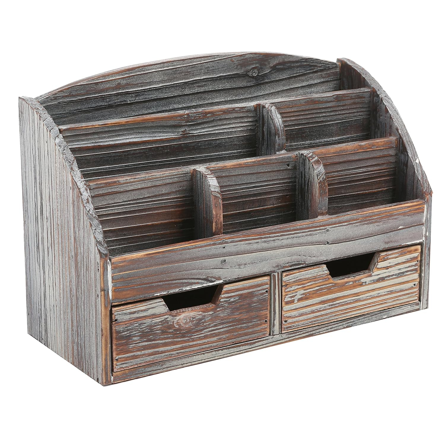 MyGift 6-Compartment Distressed Torched Wood Desk Organizer Supplies Rack