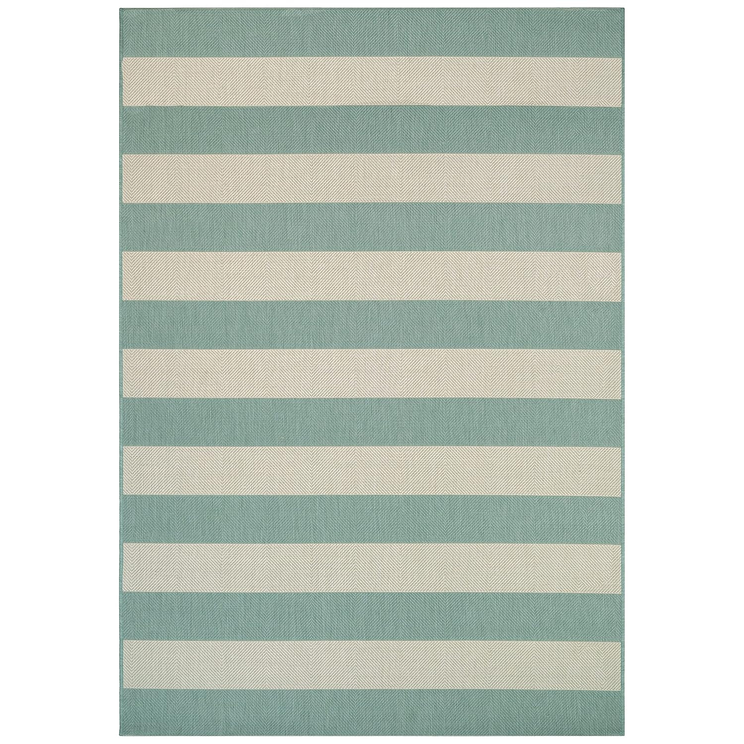Couristan Afuera Yacht Club 5'3" x 7'6" Sea Mist Green and Ivory Stripe Outdoor Rectangle Rug