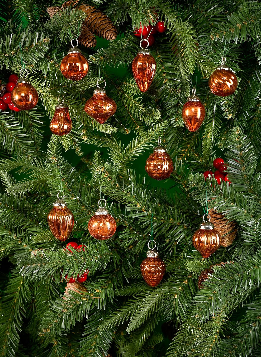 Serene Spaces Living Set of 12 Mini Copper Mercury Glass Ornaments for Holiday Décor, Measures 1.5" Long and 1.5" Diameter