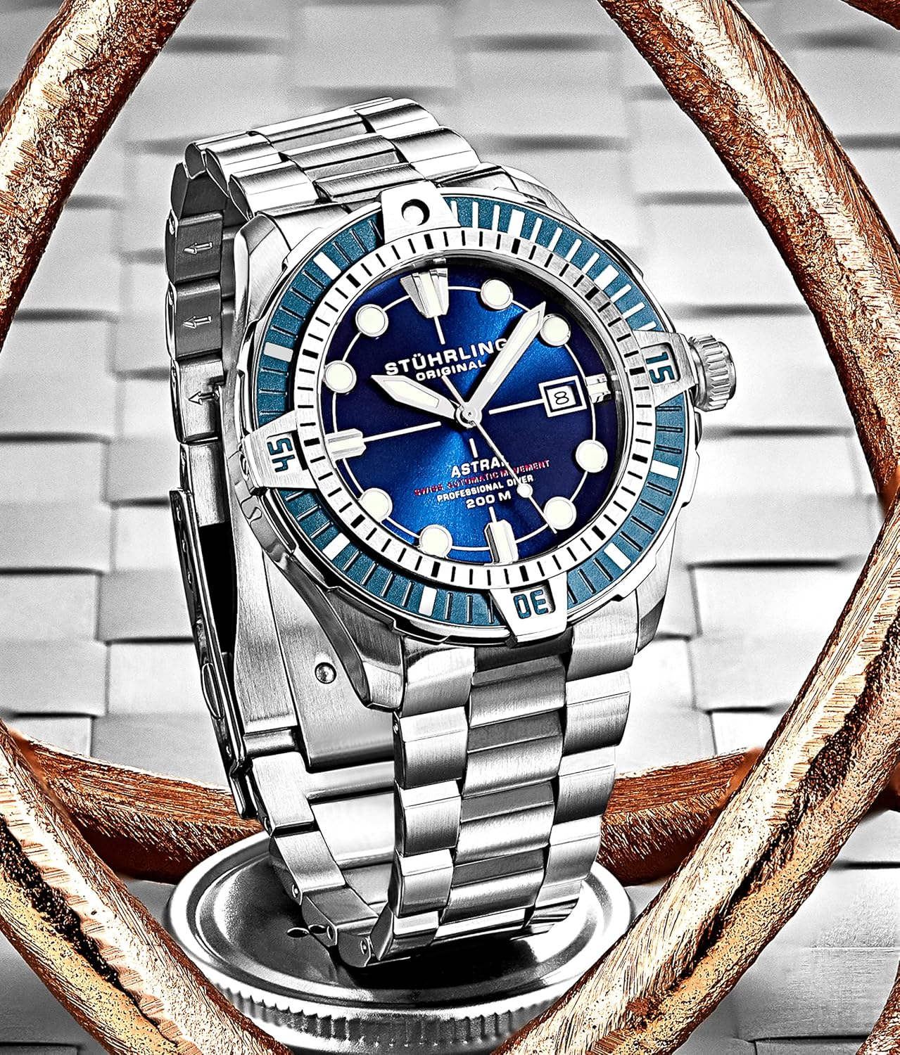 Stuhrling Mens Dive Watch with Swiss Automatic Movement Stainless Steel Case and Bracelet Screw Down Crown Water Resistant to 200 Meters