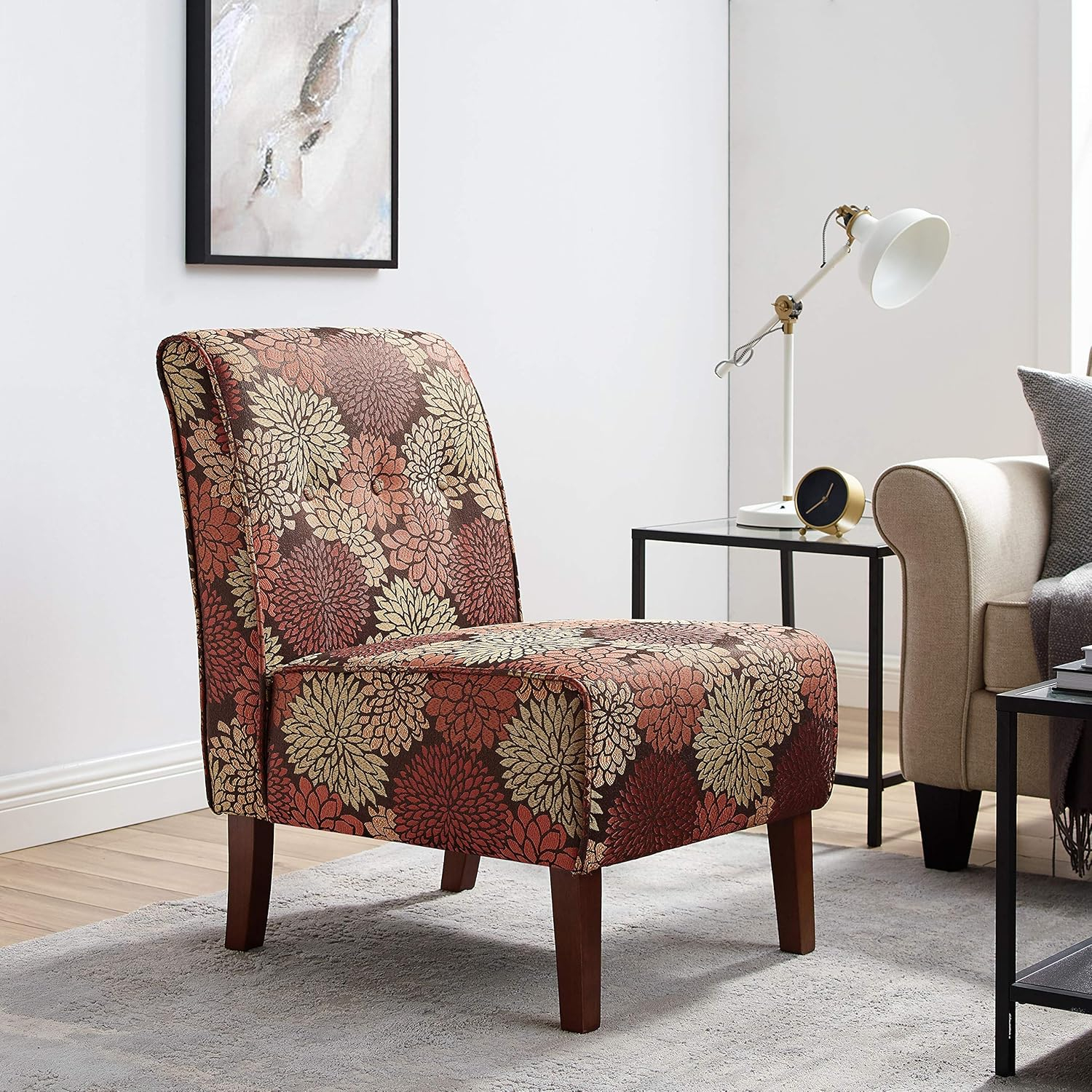 Linon Coco Harvest Upholstered Tufted Accent Chair in Rust/Orange Floral Fabric