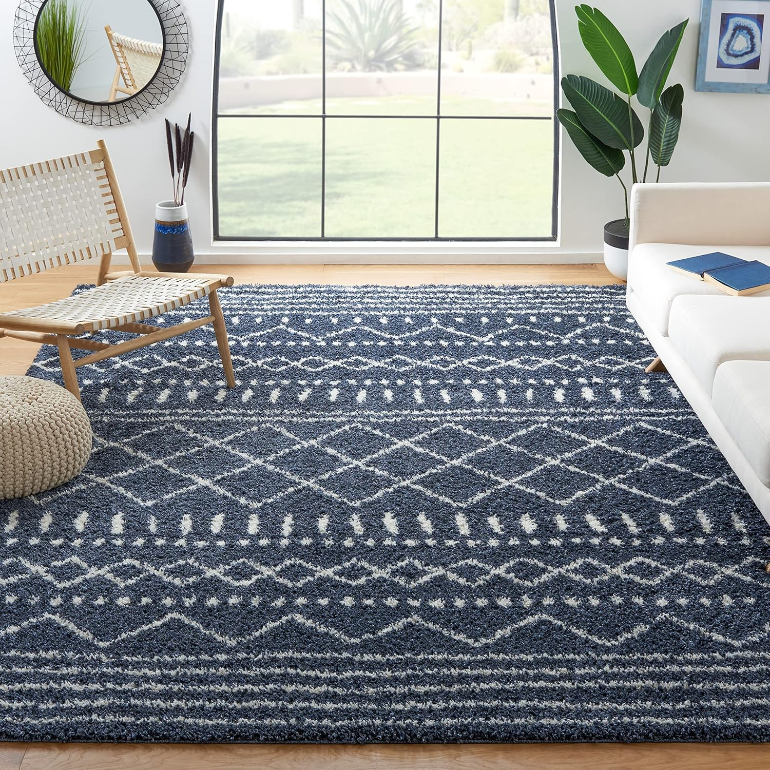 SAFAVIEH Arizona Teagan Geometric Shag Area Rug, Slate Blue/Ivory, 5'1" x 7'6"