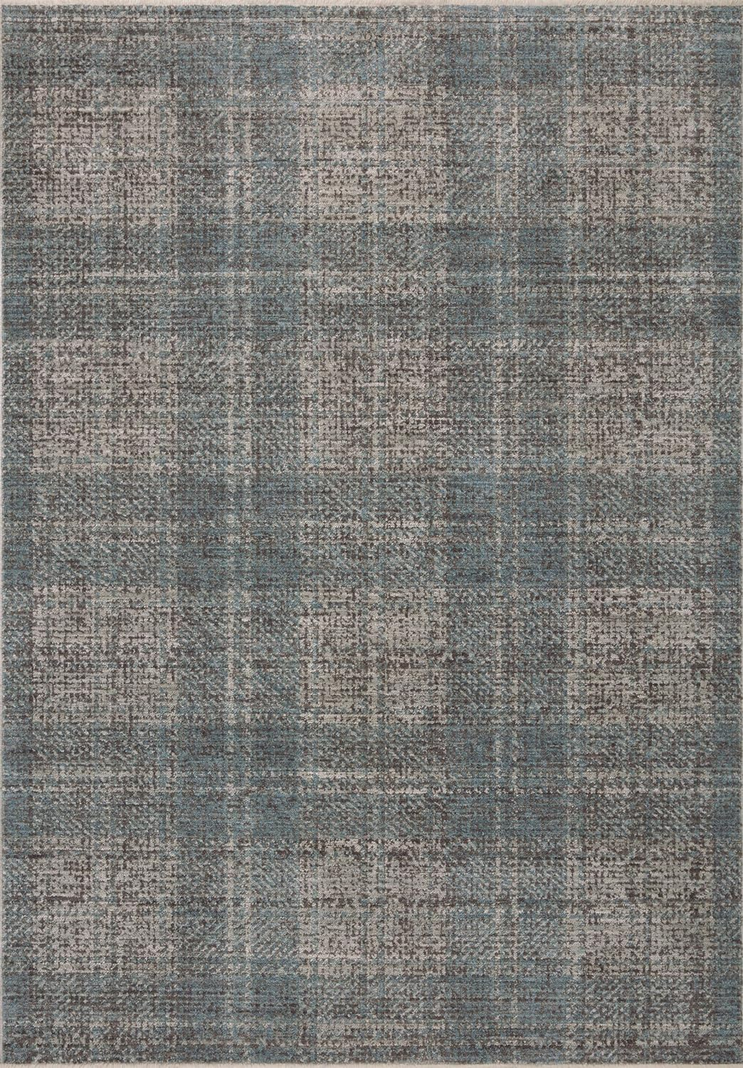 Denim and Charcoal Plaid Wool Synthetic Flat Woven Rug