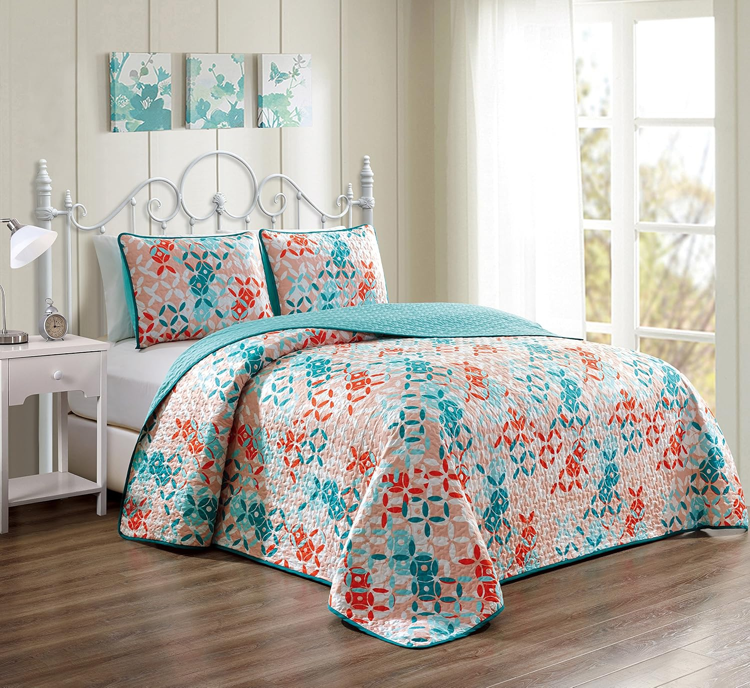 GrandLinen - 4 Piece Turquoise Blue/Orange/Grey Patchwork Microfiber Curtain Set 108 inch Wide X 84 inch Long (2 Window Panels, 2 Ties)
