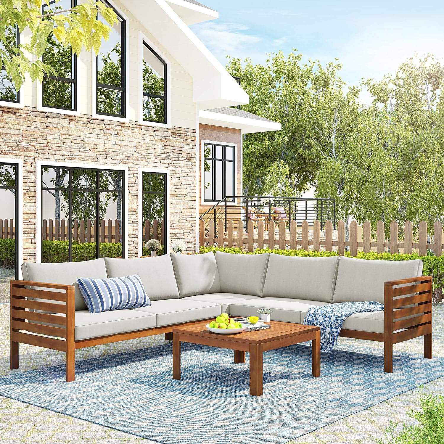 4 Piece Outdoor Patio Furniture Set, Acacia Wood Sectional Sofa w/Seat Beige Cushions, Patio Sectional Conversation Seat with Coffee Table and Strong Metal Accessories
