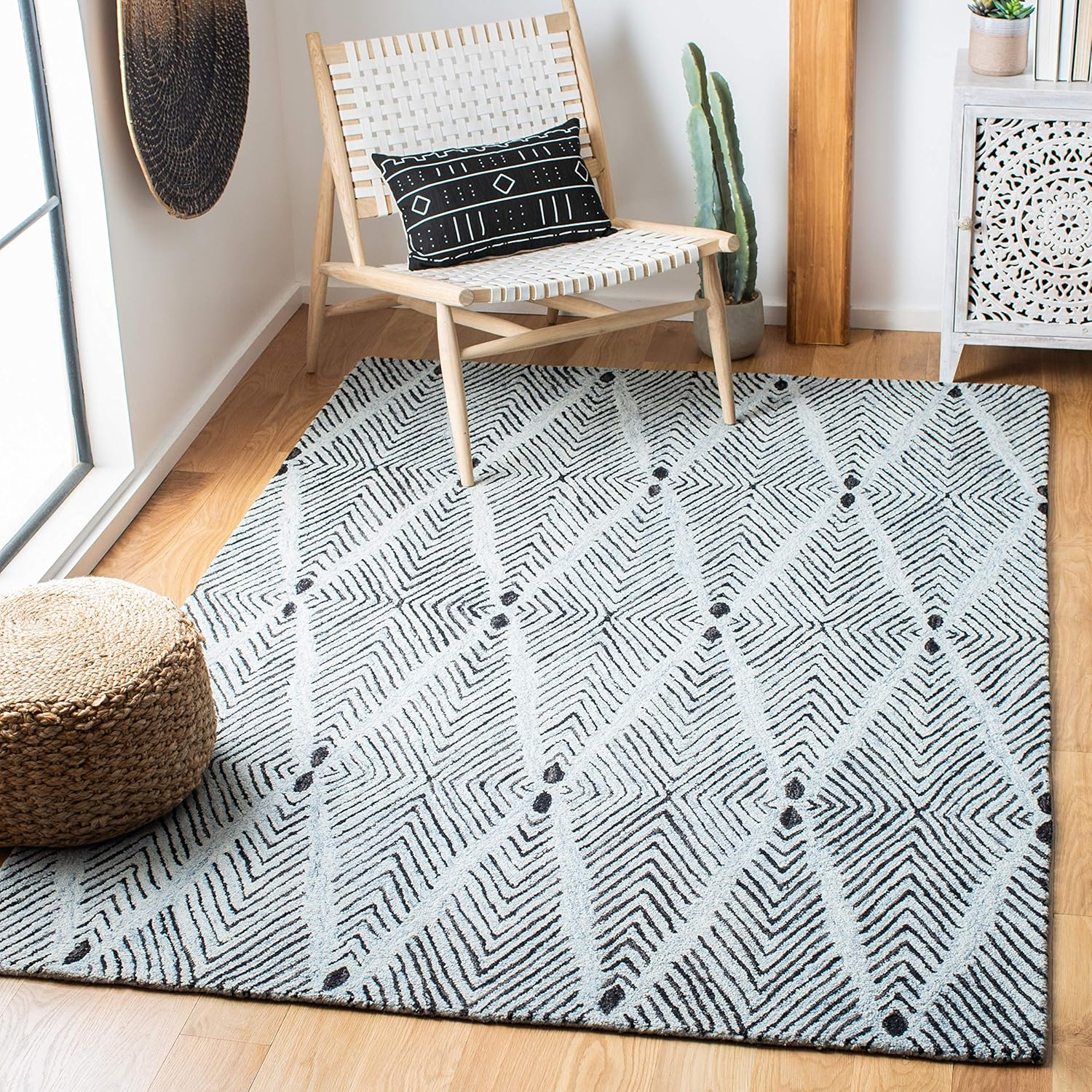 Light Blue and Charcoal Hand-Tufted Wool Runner Rug