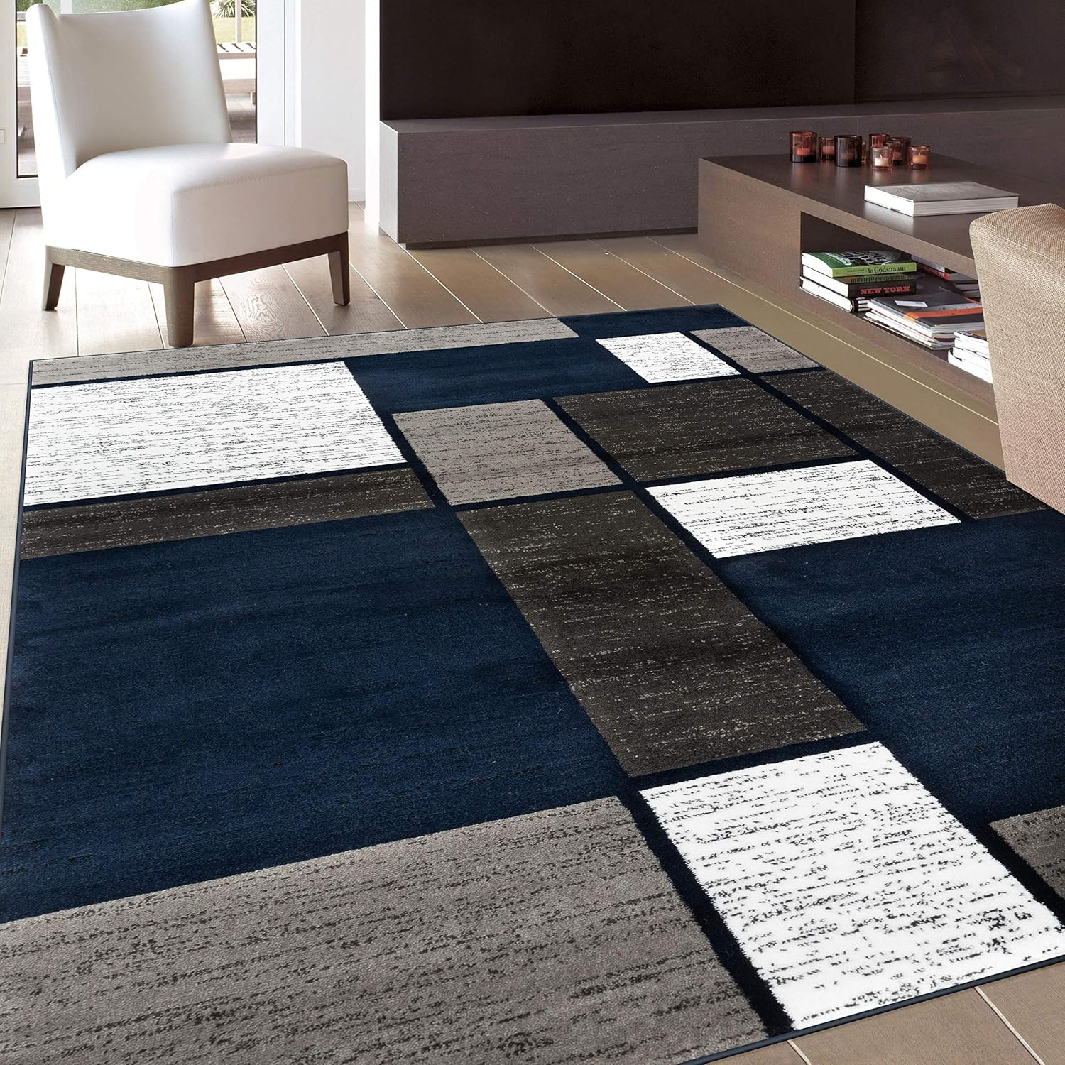 World Rug Gallery  Contemporary Modern Boxed Color Block Area Rug Navy 9' x 12' Geometric, Color Block 9' x 12', 7' x 9' Living Room, Bedroom, Dining