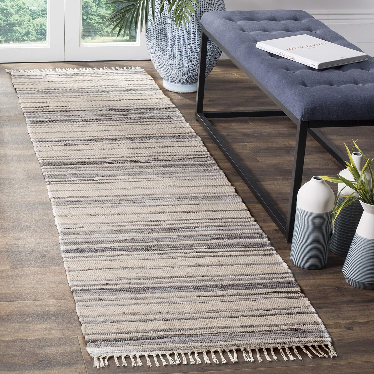 SAFAVIEH Rag Benton Striped Cotton Runner Rug, Ivory/Grey, 2'3" x 5'