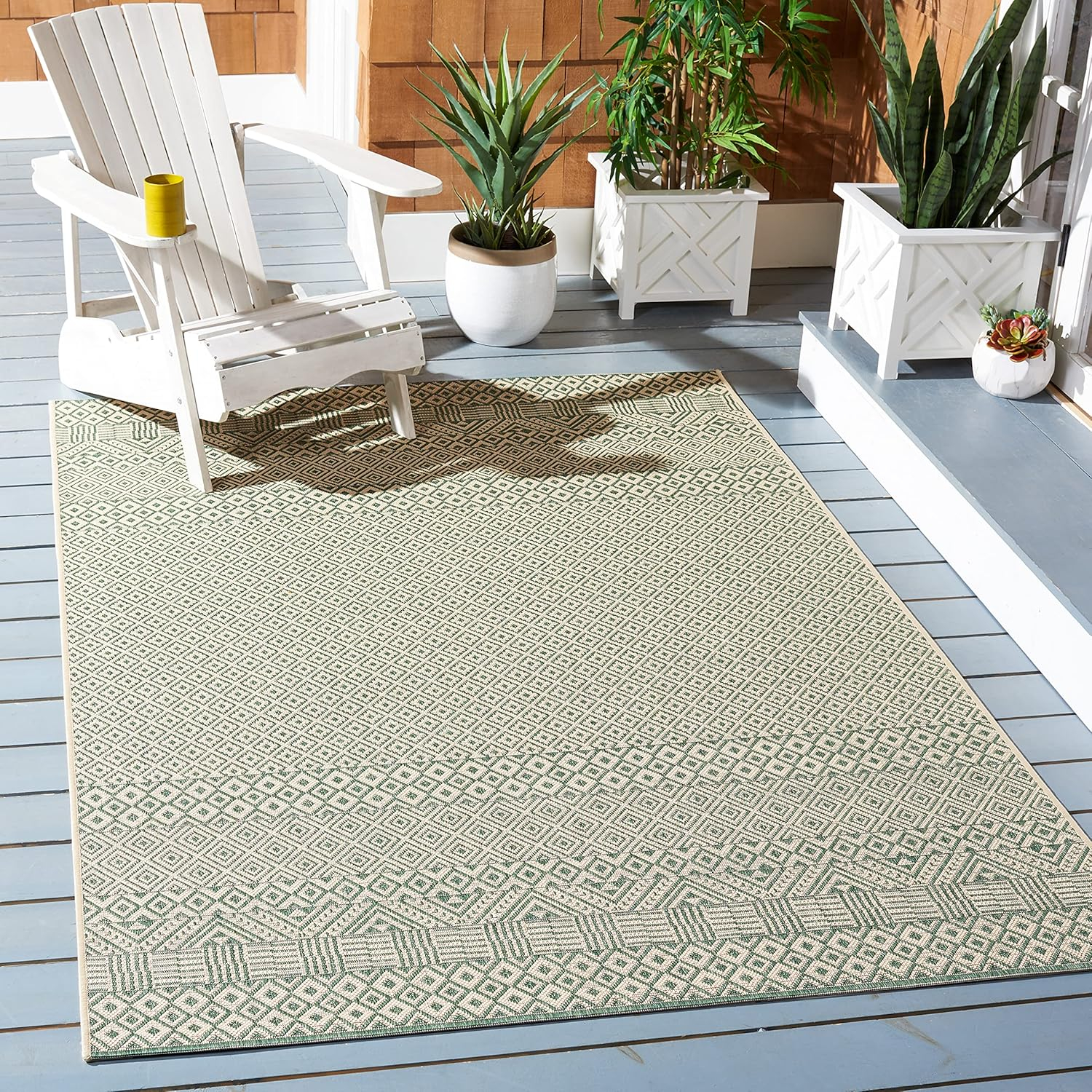 SAFAVIEH Courtyard Naomi Geometric Indoor/Outdoor Area Rug, Dark Green/Beige, 6'7" x 6'7" Square